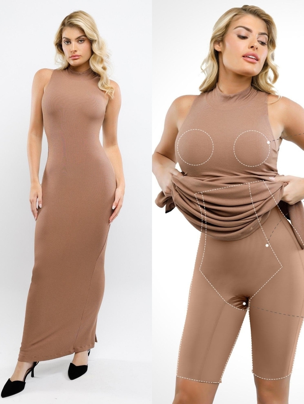 NWT Popilush Shapewear Modal Sleeveless Mock Neck Slimming Maxi Dress Brown Tan